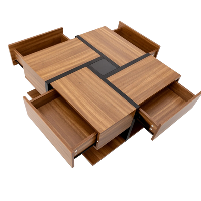 Table basse carrée bois et noir avec tiroirs de rangement