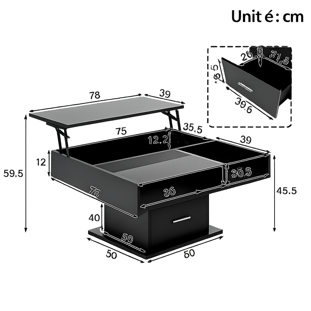 Table basse relevable extensible avec vitrine et LED