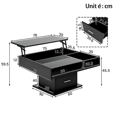 Table basse relevable extensible avec vitrine et LED