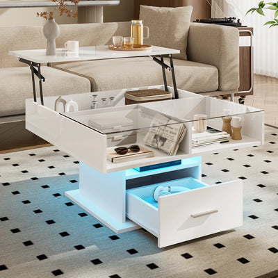 Table basse relevable extensible avec vitrine et LED