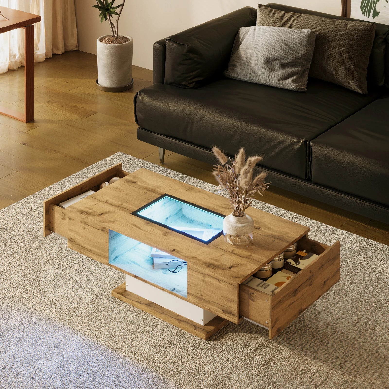 Table basse moderne en bois et verre avec LED et tiroirs