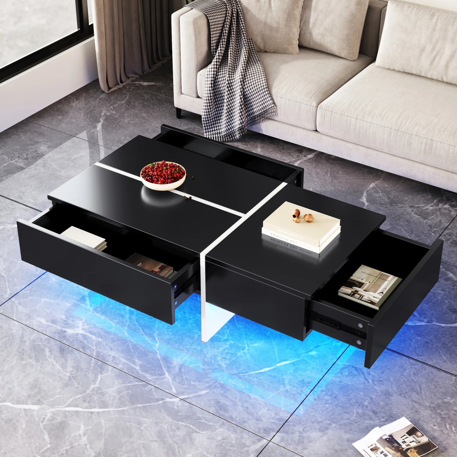 Table basse design noire et blanche avec LED