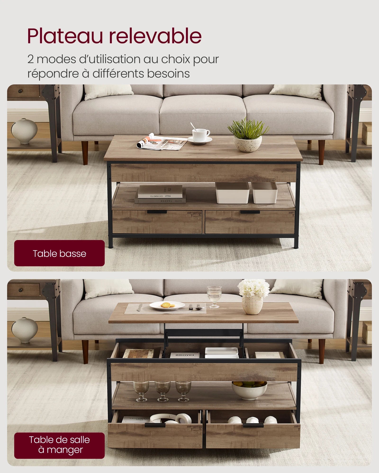 Table basse relevable industrielle avec rangement