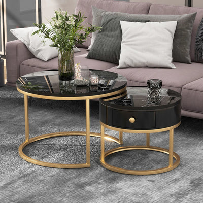 Table basse ronde gigogne effet marbre design noir