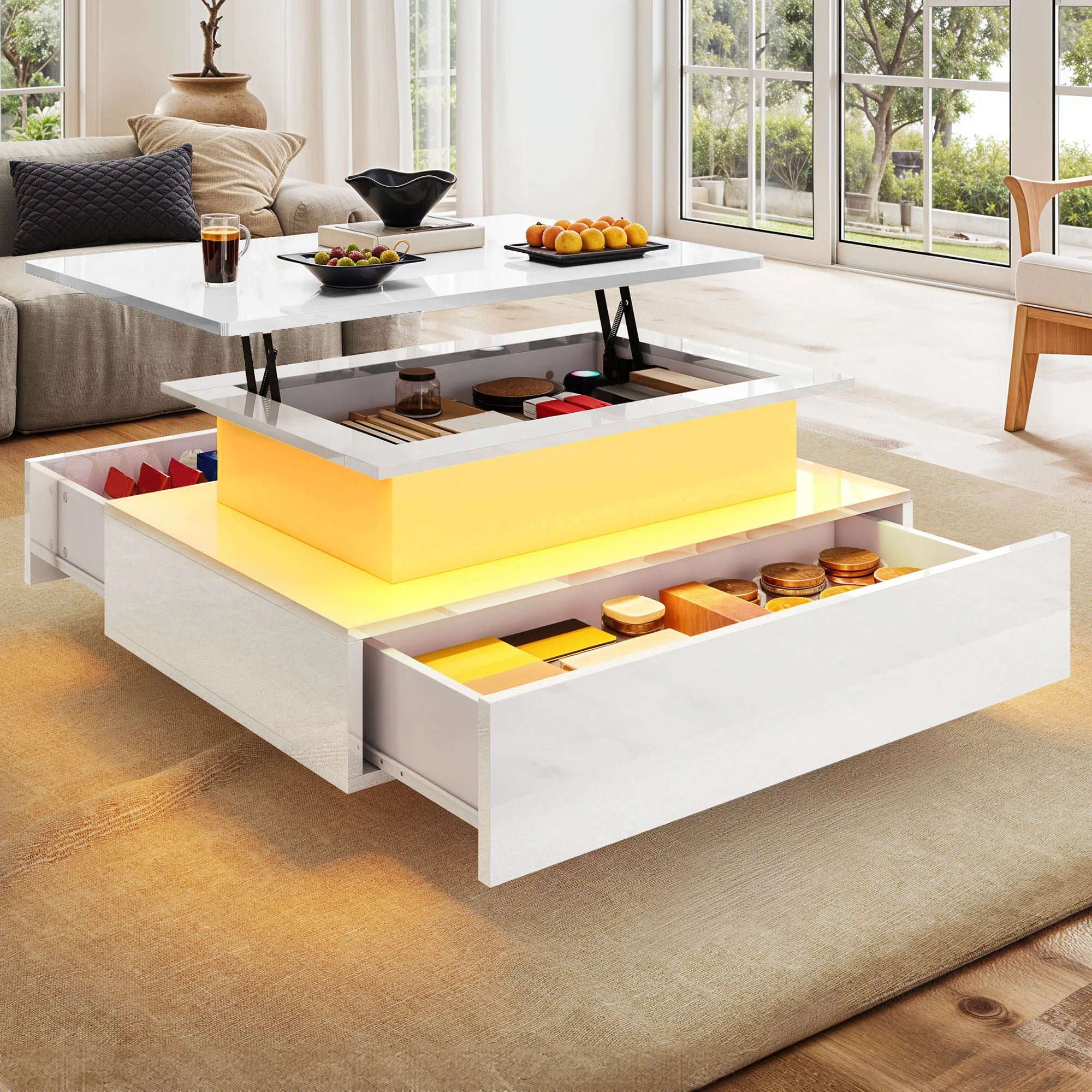 Table basse relevable moderne avec LED et tiroirs