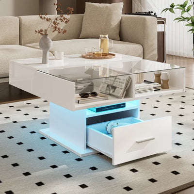 Table basse relevable avec LED et rangement