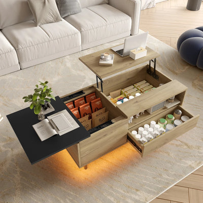 Table basse relevable en bois et métal avec LED