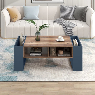 Table basse moderne bois et bleu profond avec rangement