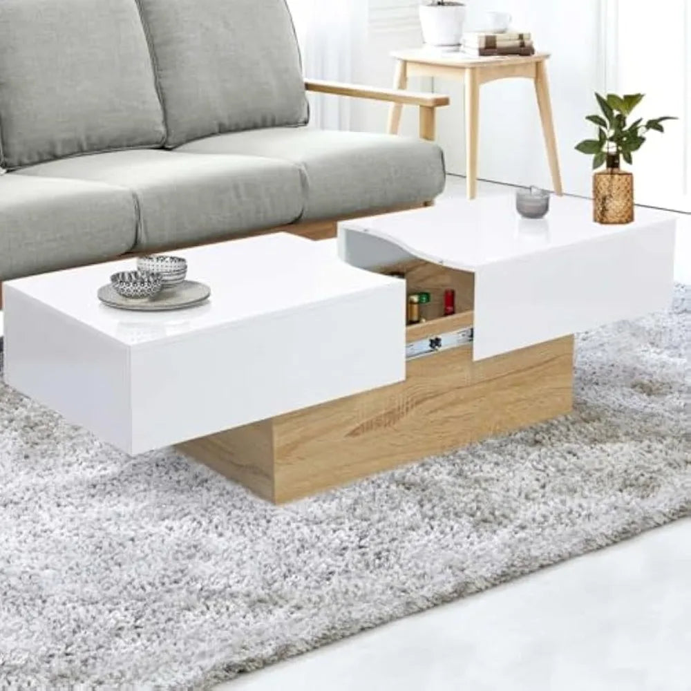 Table basse rectangulaire bois et blanc à plateau coulissant