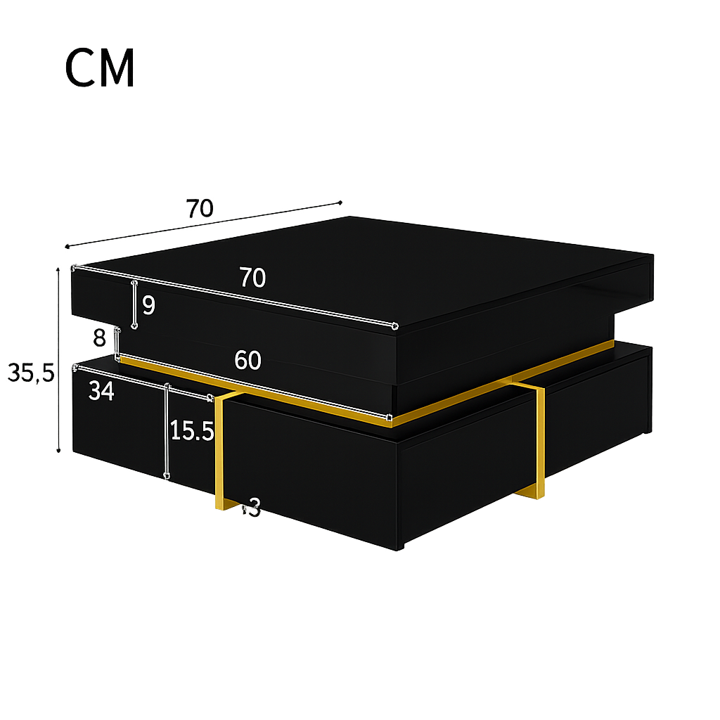 Table basse carrée noire et dorée avec rangements design