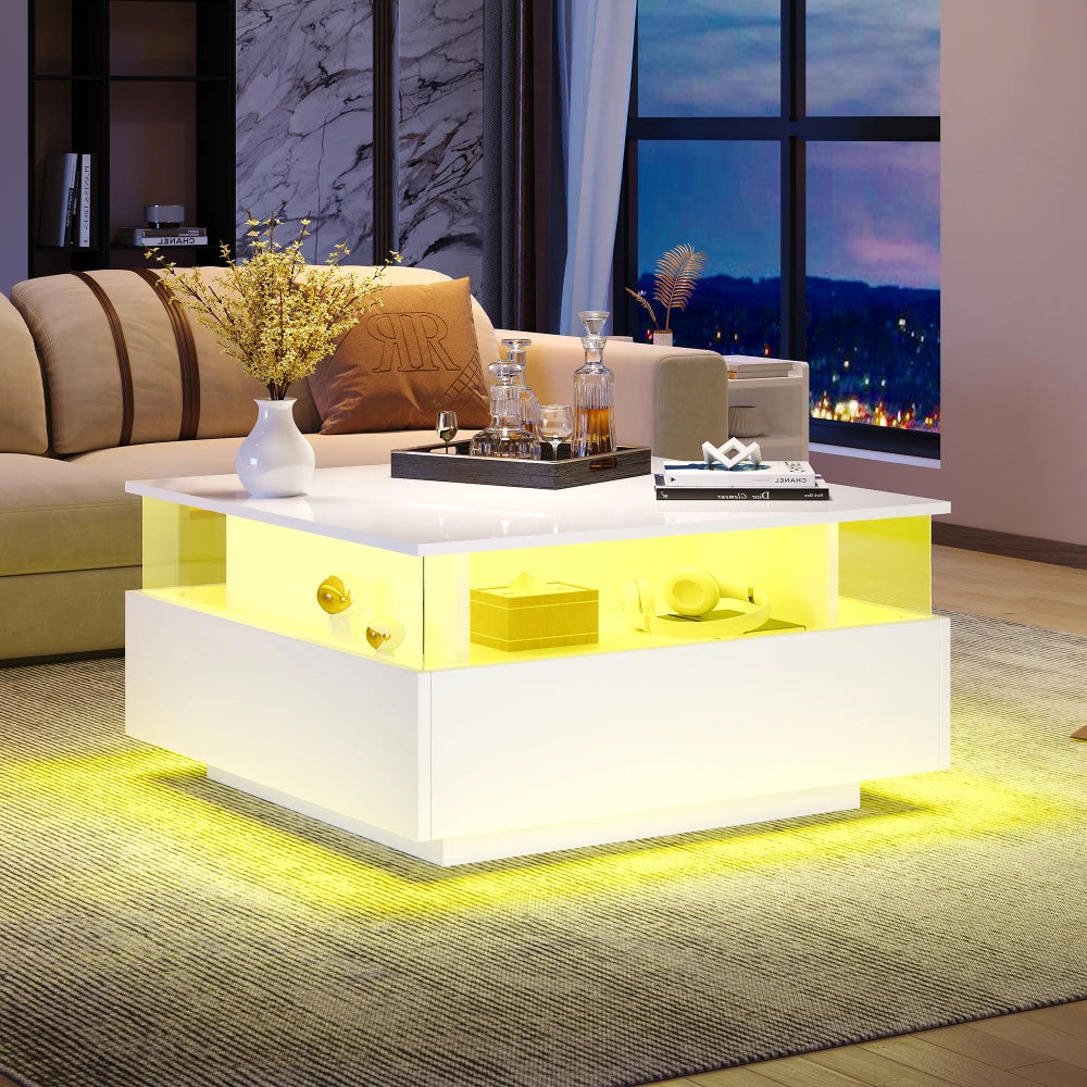 Table basse carrée avec vitrine et LED