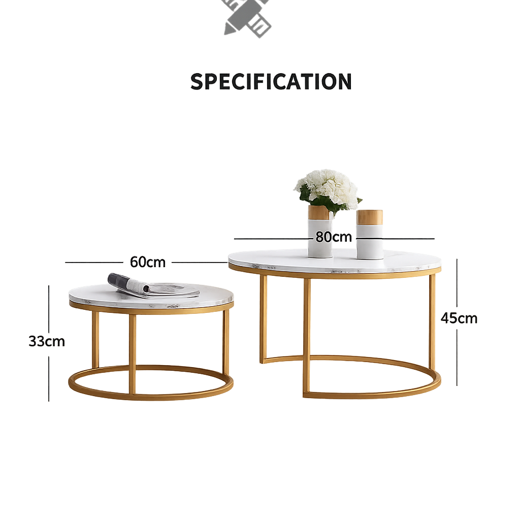Table basse gigogne ronde effet marbre et doré