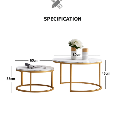 Table basse gigogne ronde effet marbre et doré