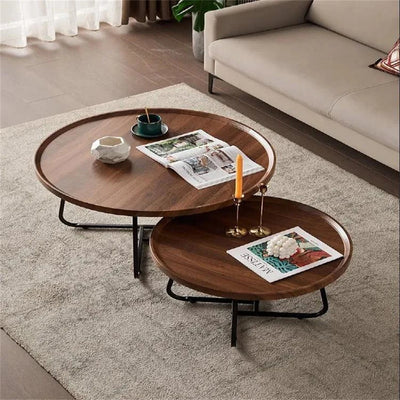 Table basse gigogne ronde en bois de noyer