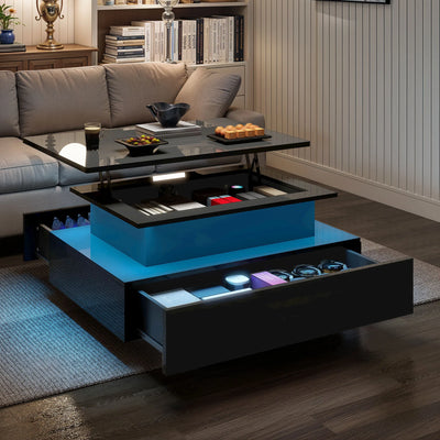 Table basse relevable rectangulaire bois avec éclairage LED