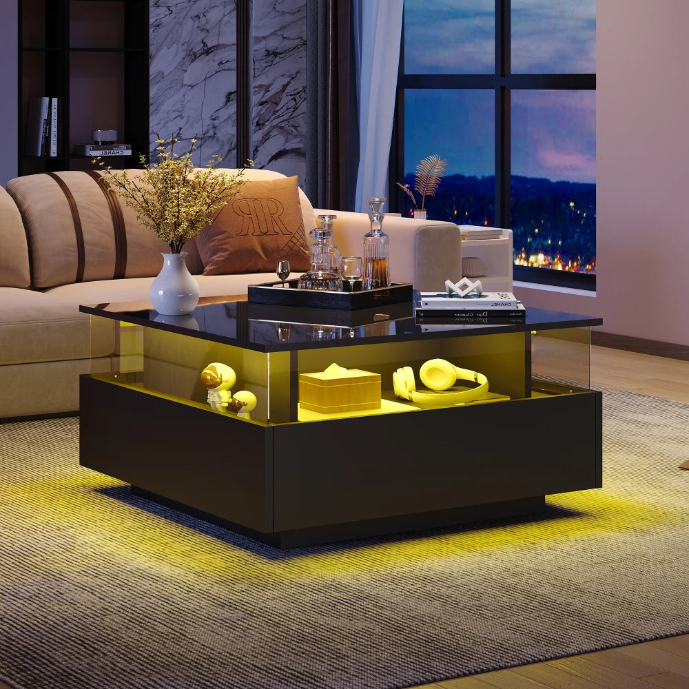 Table basse carrée avec vitrine et LED