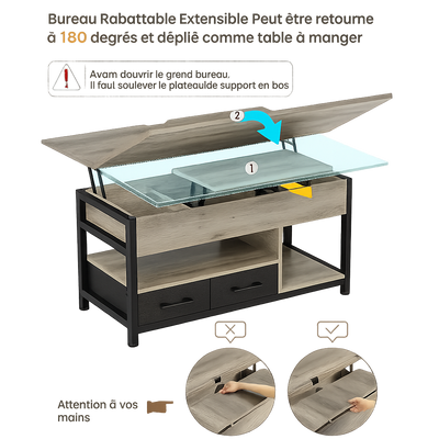 Table basse relevable extensible grise avec rangements