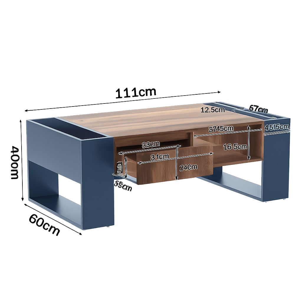 Table basse moderne bois et bleu profond avec rangement