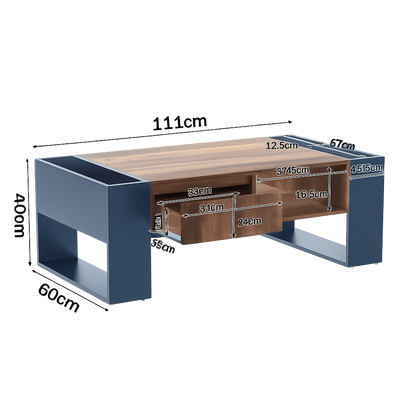 Table basse moderne bois et bleu profond avec rangement