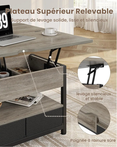Table basse relevable extensible grise avec rangements