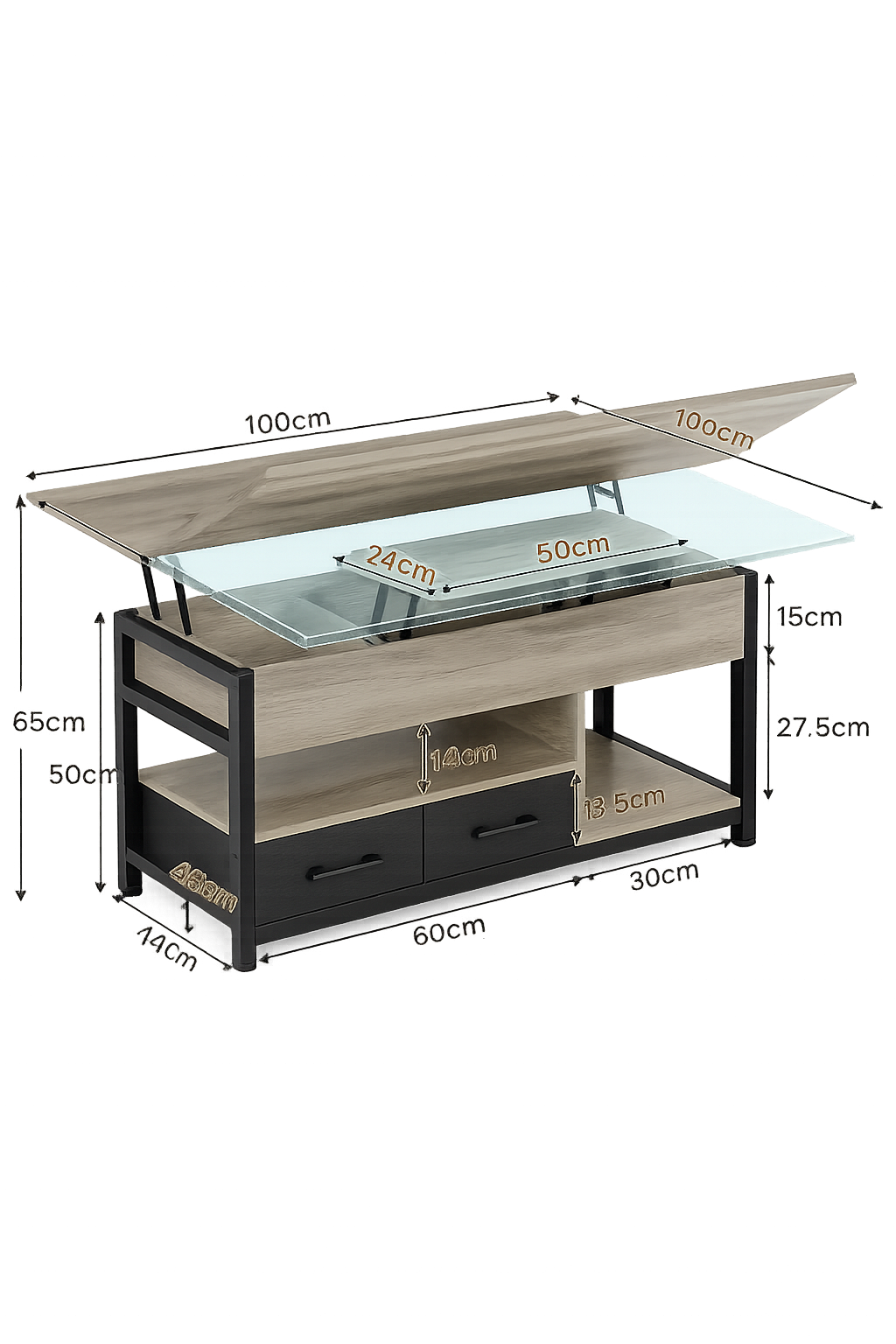 Table basse relevable extensible grise avec rangements