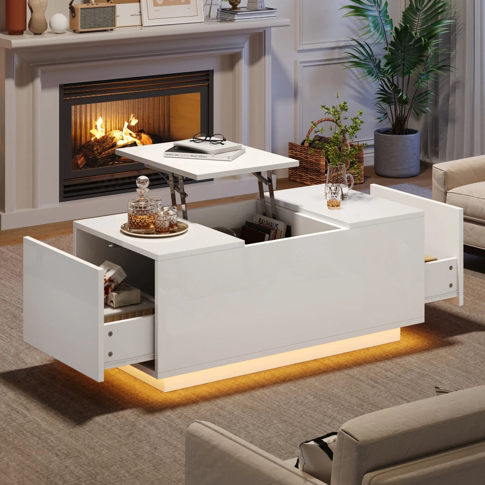 Table basse relevable avec LED et plateau ajustable