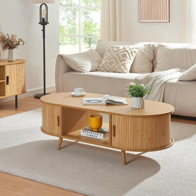Table basse ovale bois avec rangement au style scandinave