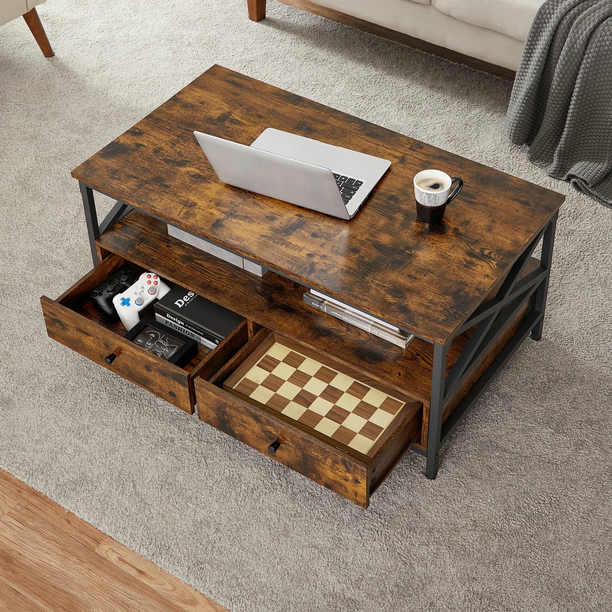 Table basse bois rectangulaire avec rangement style campagne