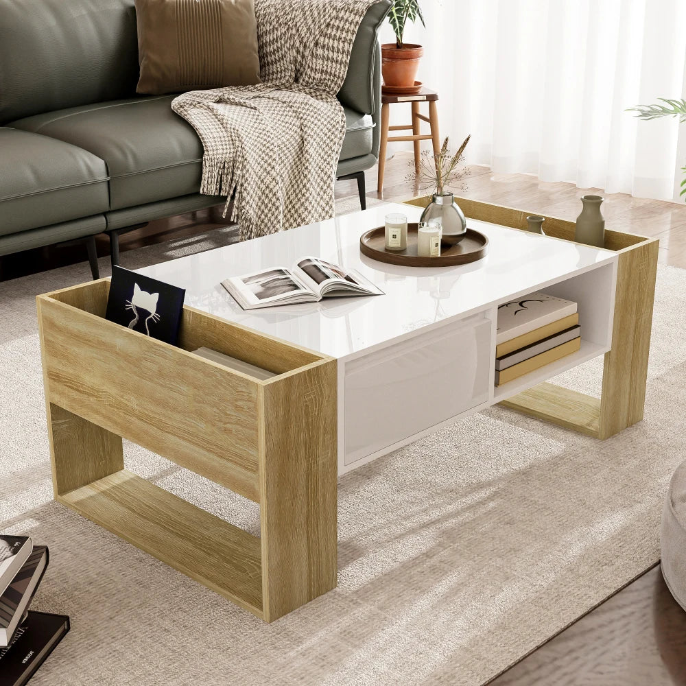 Table basse rectangulaire blanche et bois avec rangement