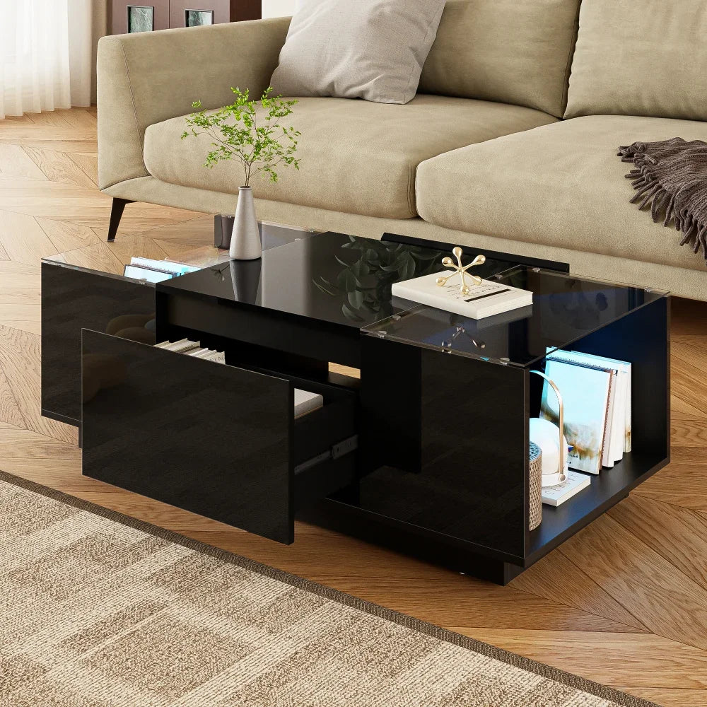 Table basse moderne en verre avec LED et rangements