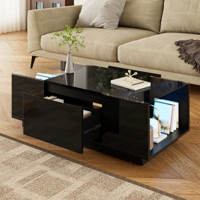 Table basse moderne en verre avec LED et rangements