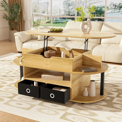 Table basse ovale relevable avec rangements design et bois