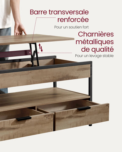 Table basse relevable industrielle avec rangement