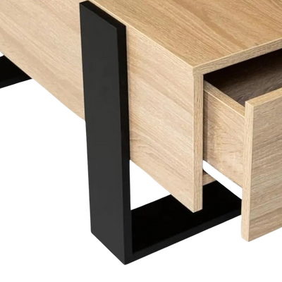 Table basse rectangulaire en bois avec tiroirs au design industriel