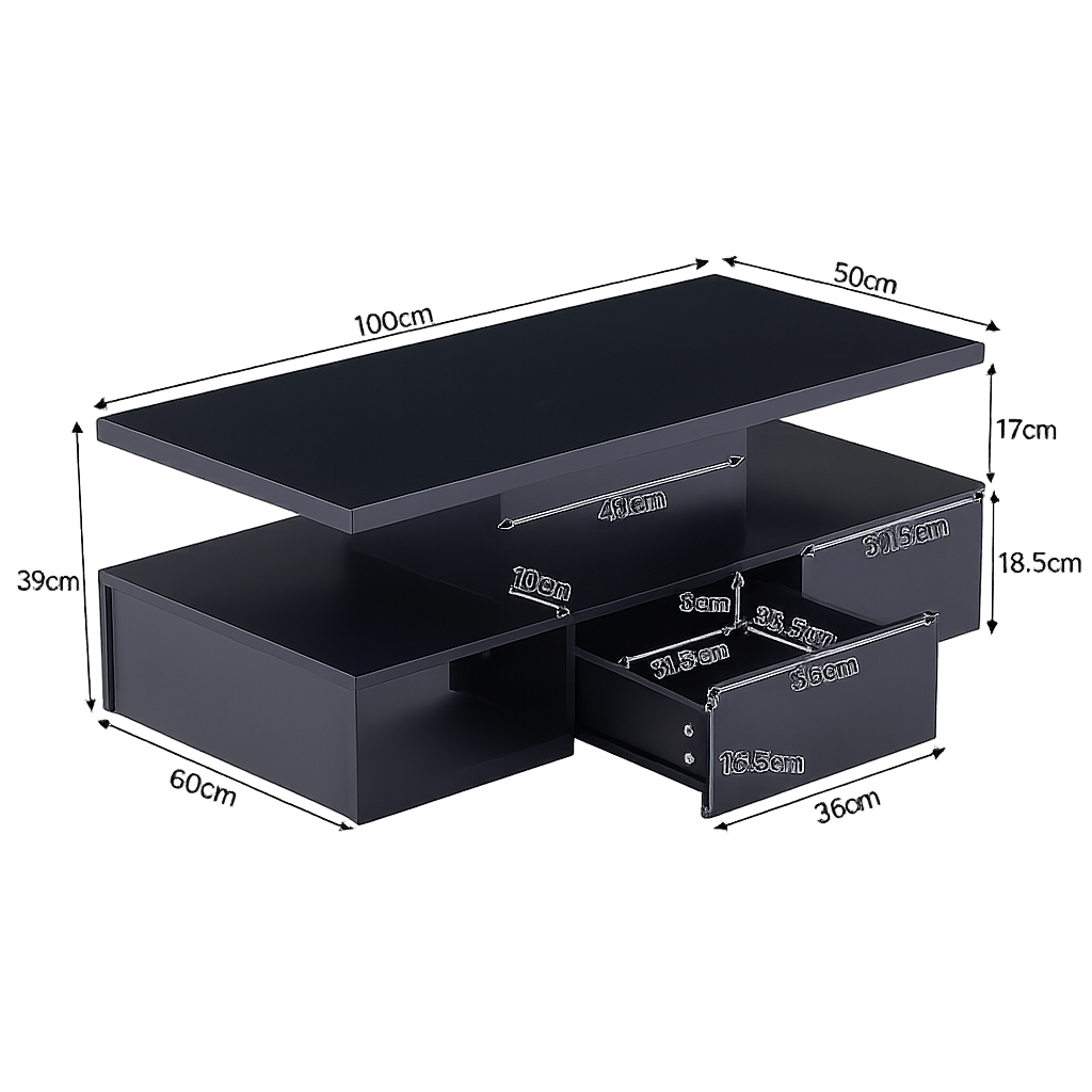 Table basse rectangulaire noire à double plateau avec LED et rangement