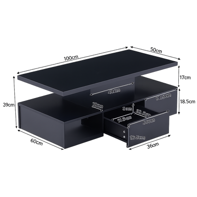 Table basse rectangulaire noire à double plateau avec LED et rangement