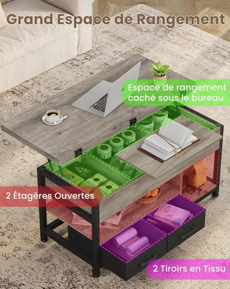 Table basse relevable extensible grise avec rangements