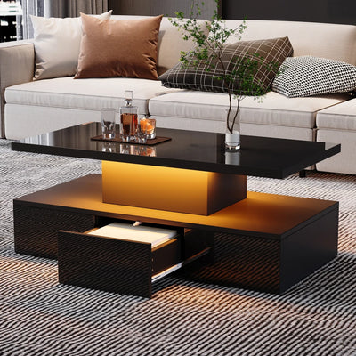 Table basse rectangulaire noire à double plateau avec LED et rangement