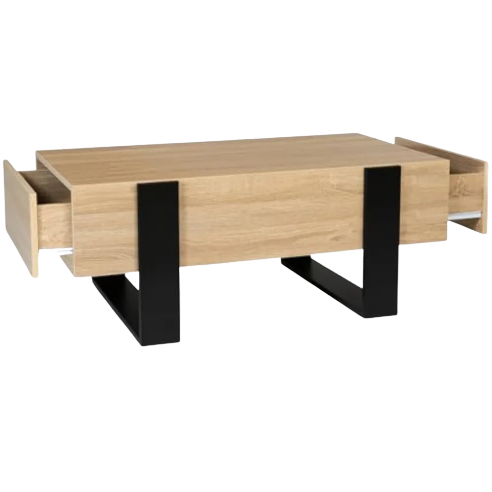Table basse rectangulaire en bois avec tiroirs au design industriel