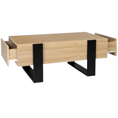 Table basse rectangulaire en bois avec tiroirs au design industriel