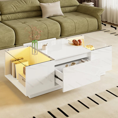 Table basse moderne en verre avec LED et rangements
