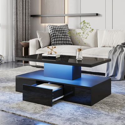 Table basse rectangulaire noire à double plateau avec LED et rangement