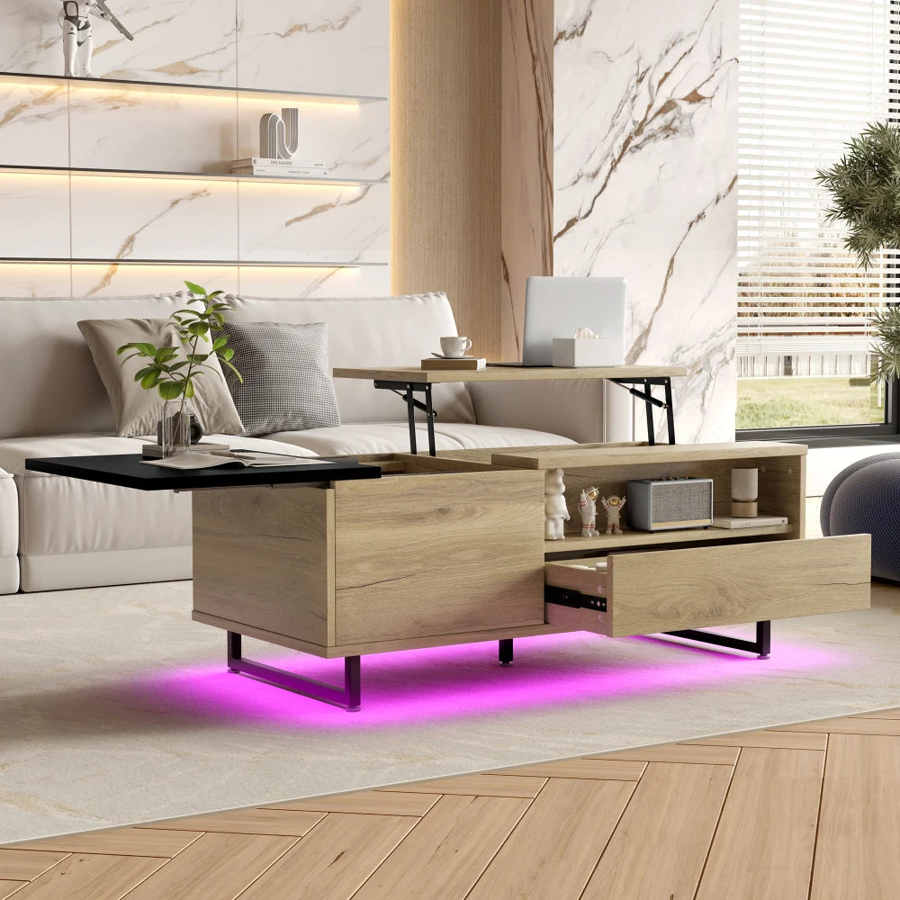Table basse relevable en bois et métal avec LED