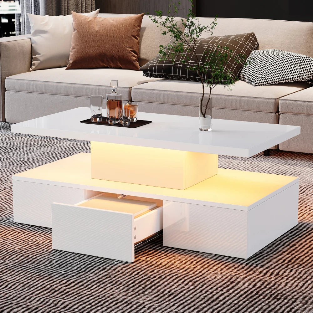 Table basse rectangulaire noire à double plateau avec LED et rangement