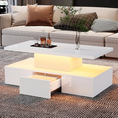 Table basse rectangulaire noire à double plateau avec LED et rangement