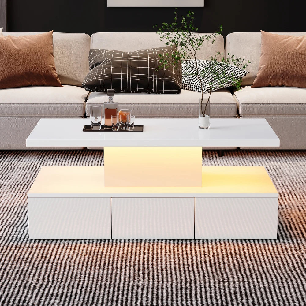 Table basse rectangulaire noire à double plateau avec LED et rangement