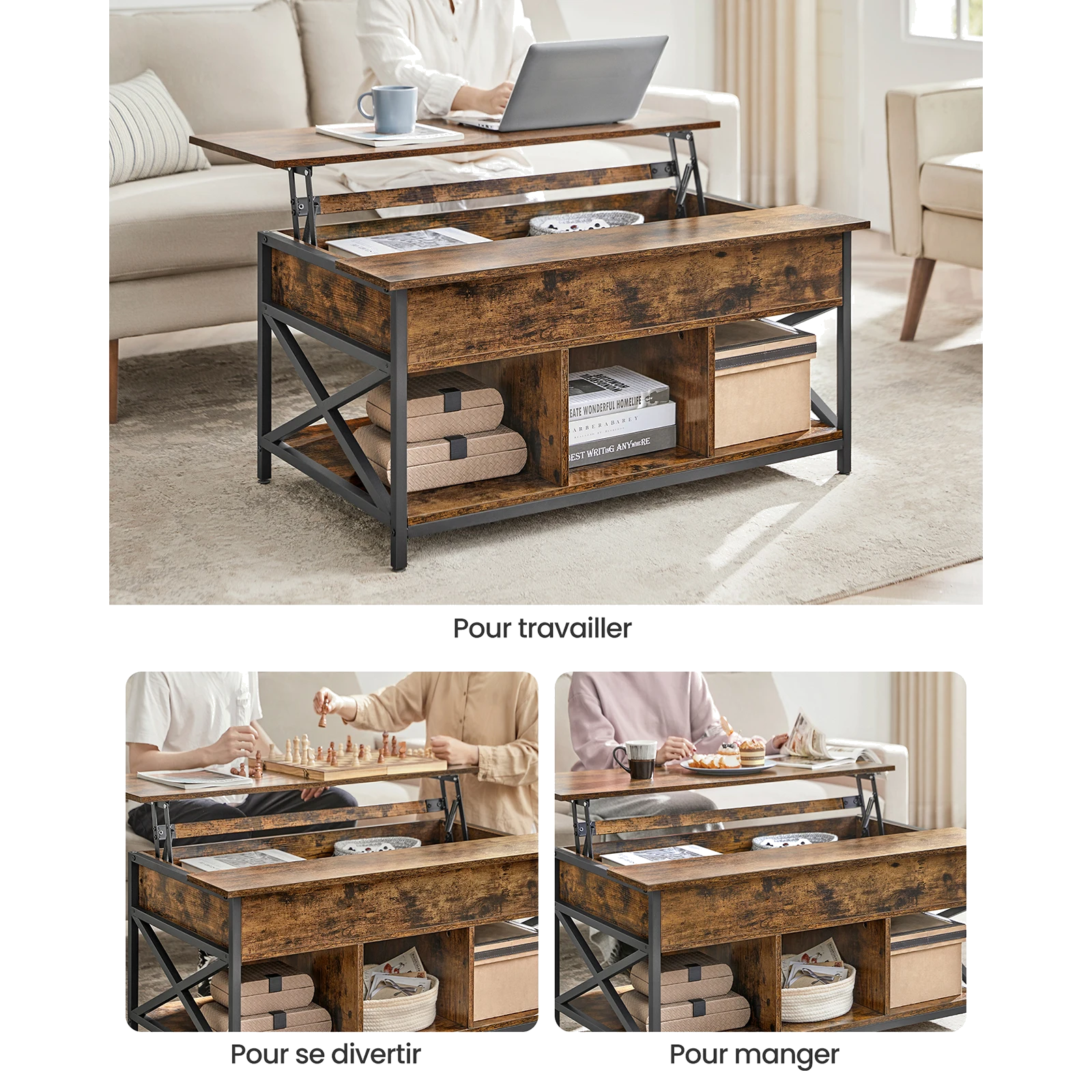 Table basse relevable bois et métal avec rangement