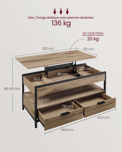 Table basse relevable industrielle avec rangement