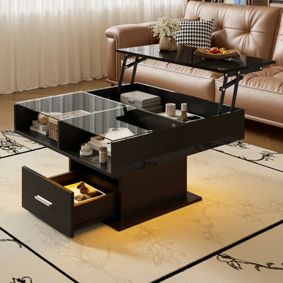 Table basse relevable avec LED et rangement