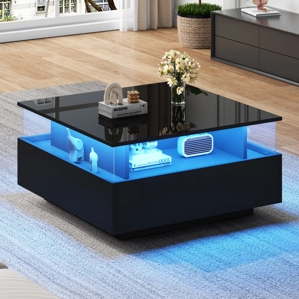 Table basse carrée avec vitrine et LED